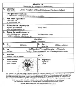 Exemple de sceau d'apostille délivré par le Foreign Office du Royaume-Uni (FCDO)